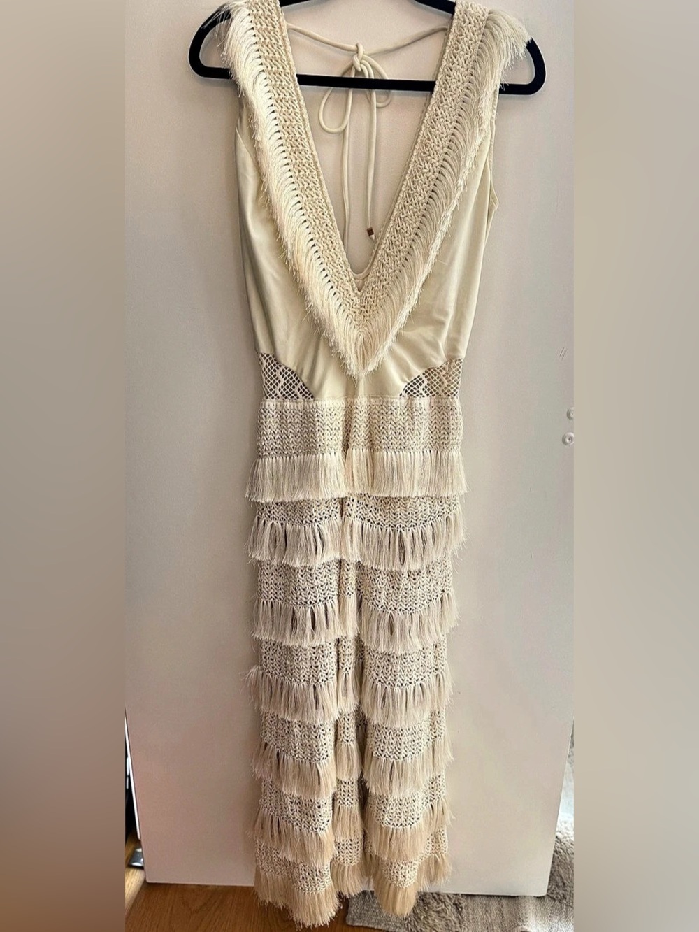 PATBO Crochet Fringe Maxi Dress Cream Size Large Like New